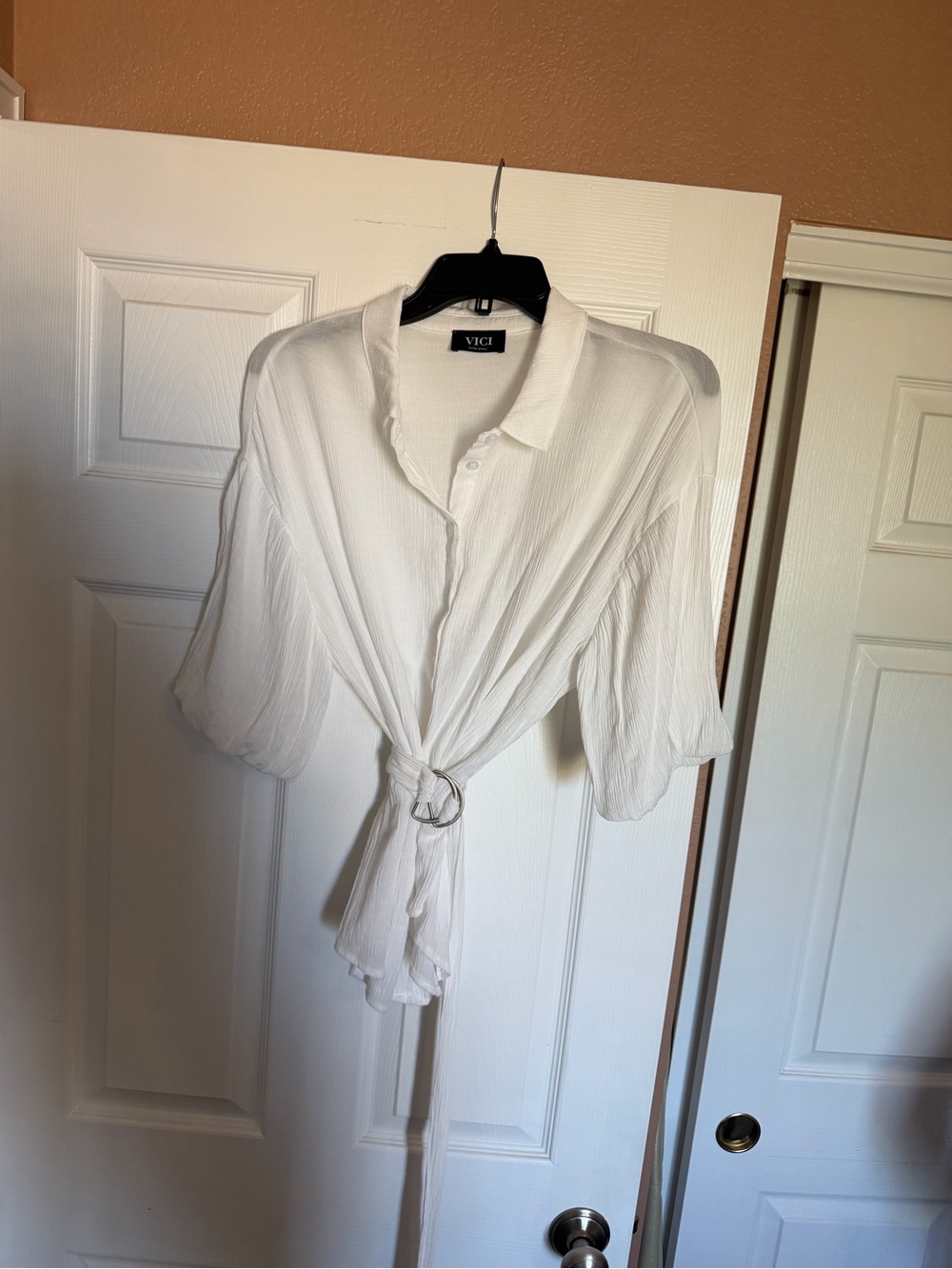 Vici Cream Button-Down Tie-Front Collared Top